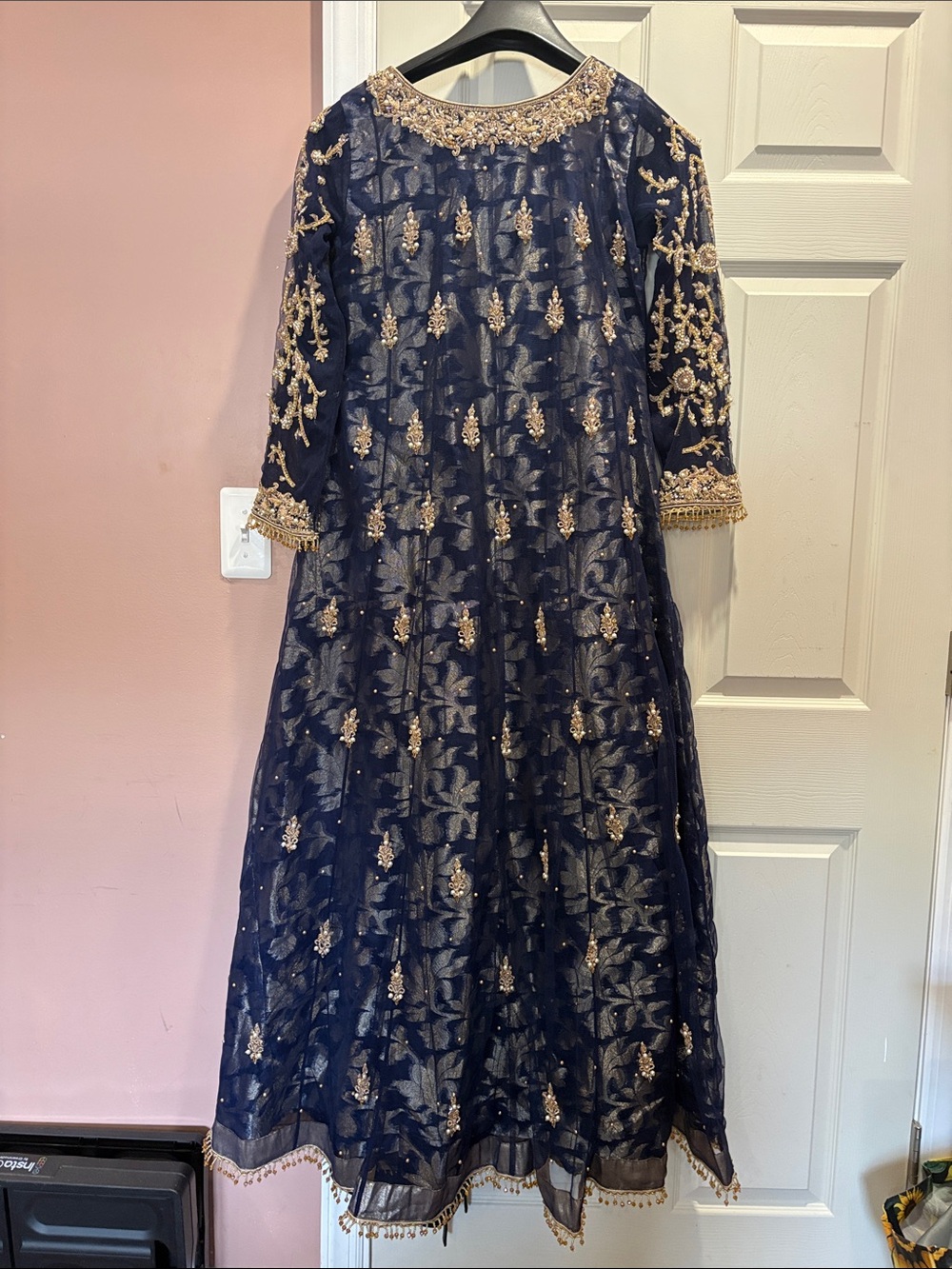 Navy Blue and Gold Embroidered Formal Anarkali Dress